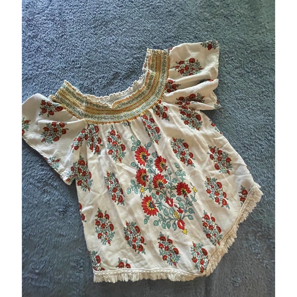 Altrd State Ivory / Floral blouse W/ Fringe‎ And Elastic Neck Line / Size S Boho